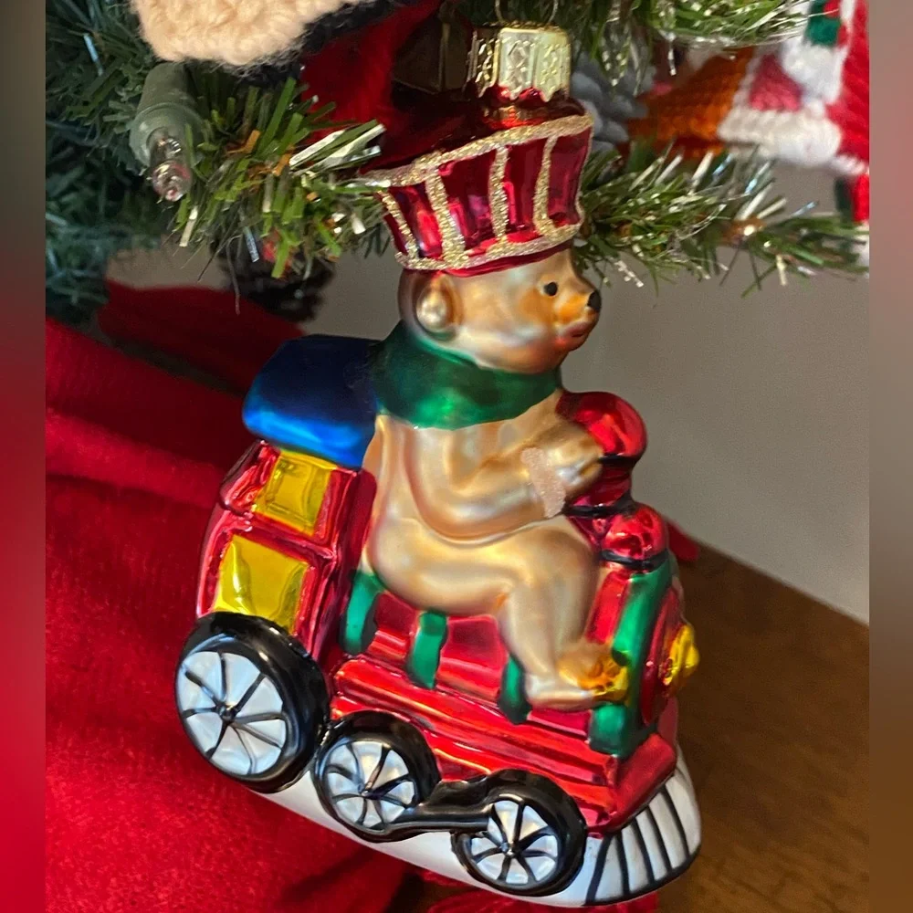 Vtg Lao Mai Christmas Bear Driving Train Glass Ornament